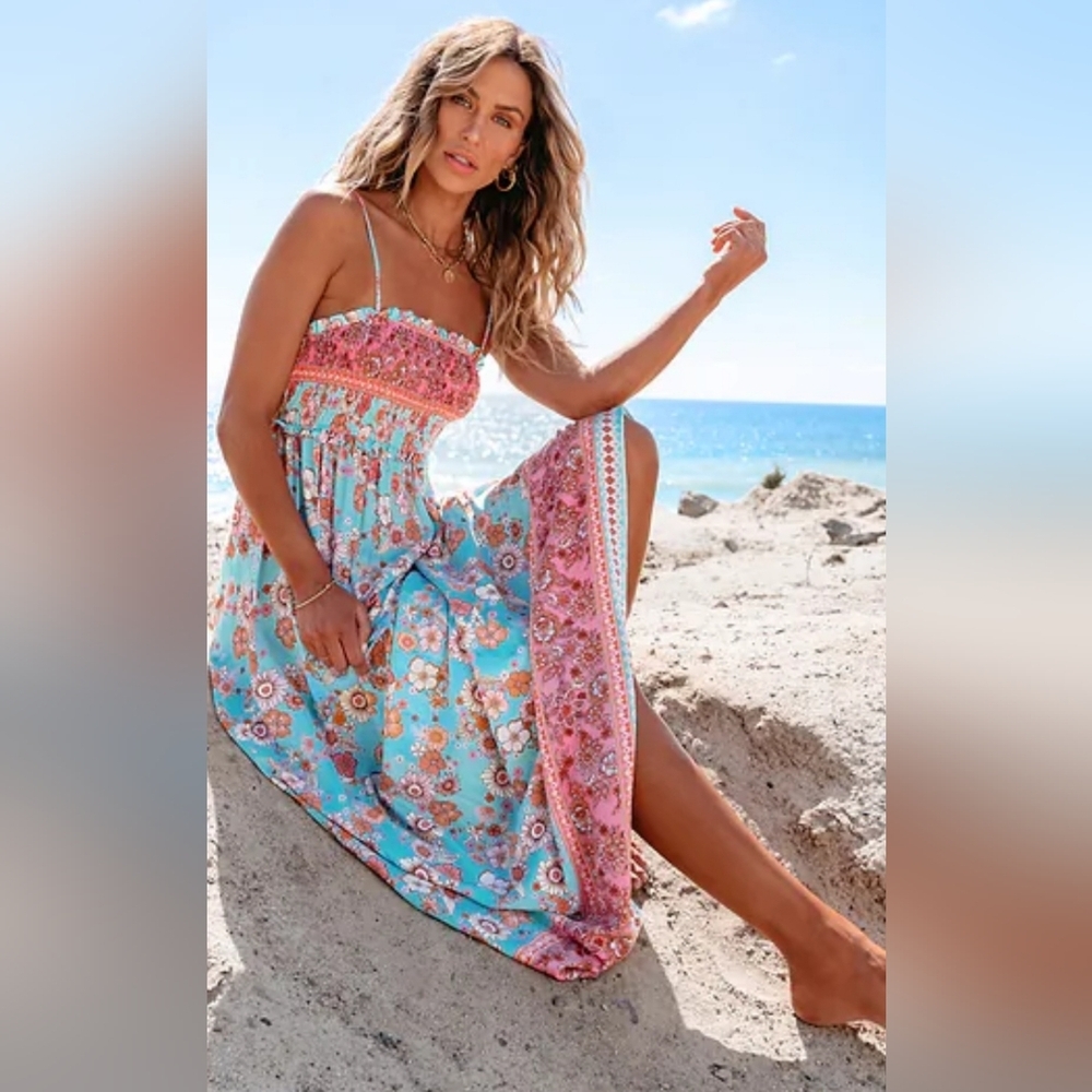 Cupshe Floral Maxi Dress With Cinched Ruffle Top- in Aqua & Coral - Picture 3 of 14